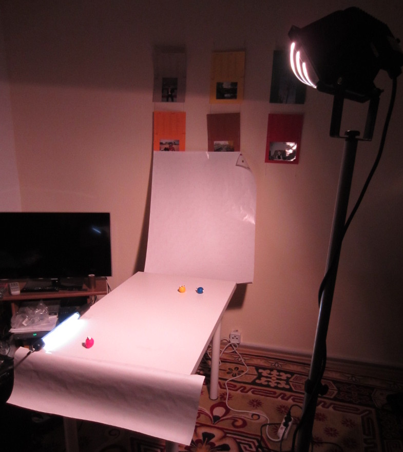 The stage (a tabled covered with paper) is quite long for we wanted to achieve an intense depth-of-field-effect.